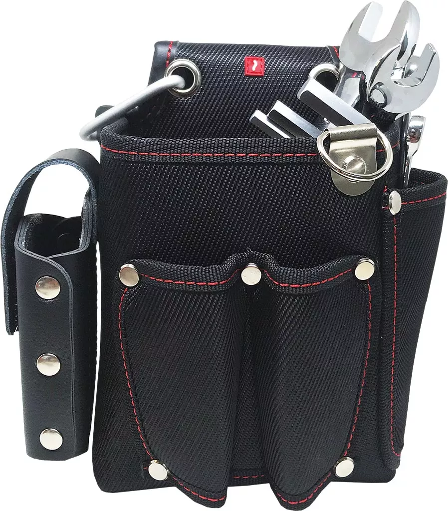 Torba na narzędzia TOOLBOX5 z wieloma kieszeniami i uchwytami, wykonana z wytrzymałego materiału, przeznaczona do zawieszenia na pasku. Zabezpieczona nitami, z miejscem na różne narzędzia ręczne.