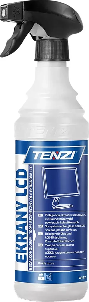Tenzi Ekrany LCD to gotowy do użycia środek do czyszczenia powierzchni szklanych, ekranów i urządzeń elektronicznych. Posiada atomizer ułatwiający aplikację. Butelka o pojemności 750 ml.