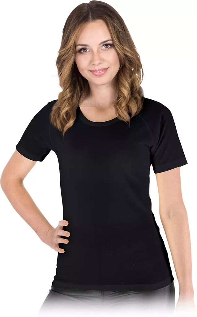 Damski czarny T-shirt sportowy EVORA z krótkim rękawem, wykonany z lekkiego materiału, klasyczny krój.