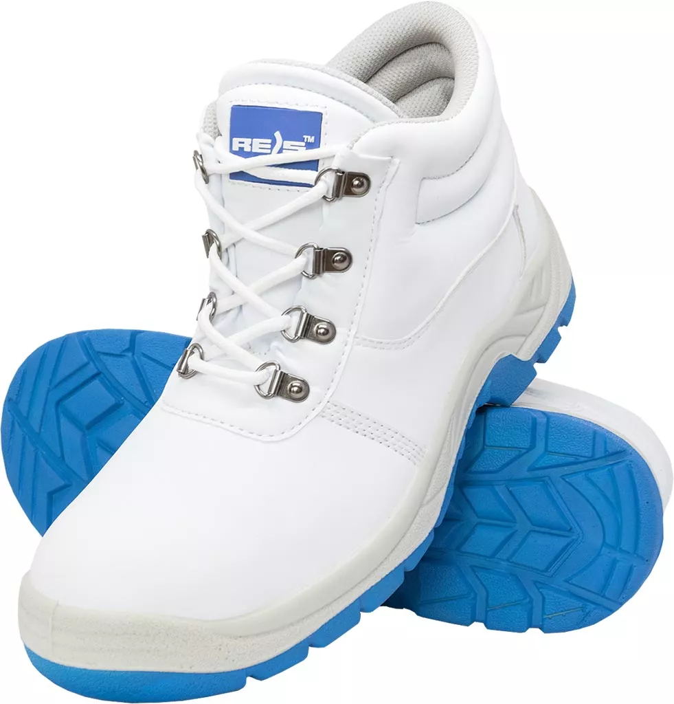 Buty robocze trzewiki FODREISBLUE z mikrofibry, białe z niebieską podeszwą, ze stalowym podnoskiem, kategoria SB. Przeznaczone do ochrony stóp podczas pracy.