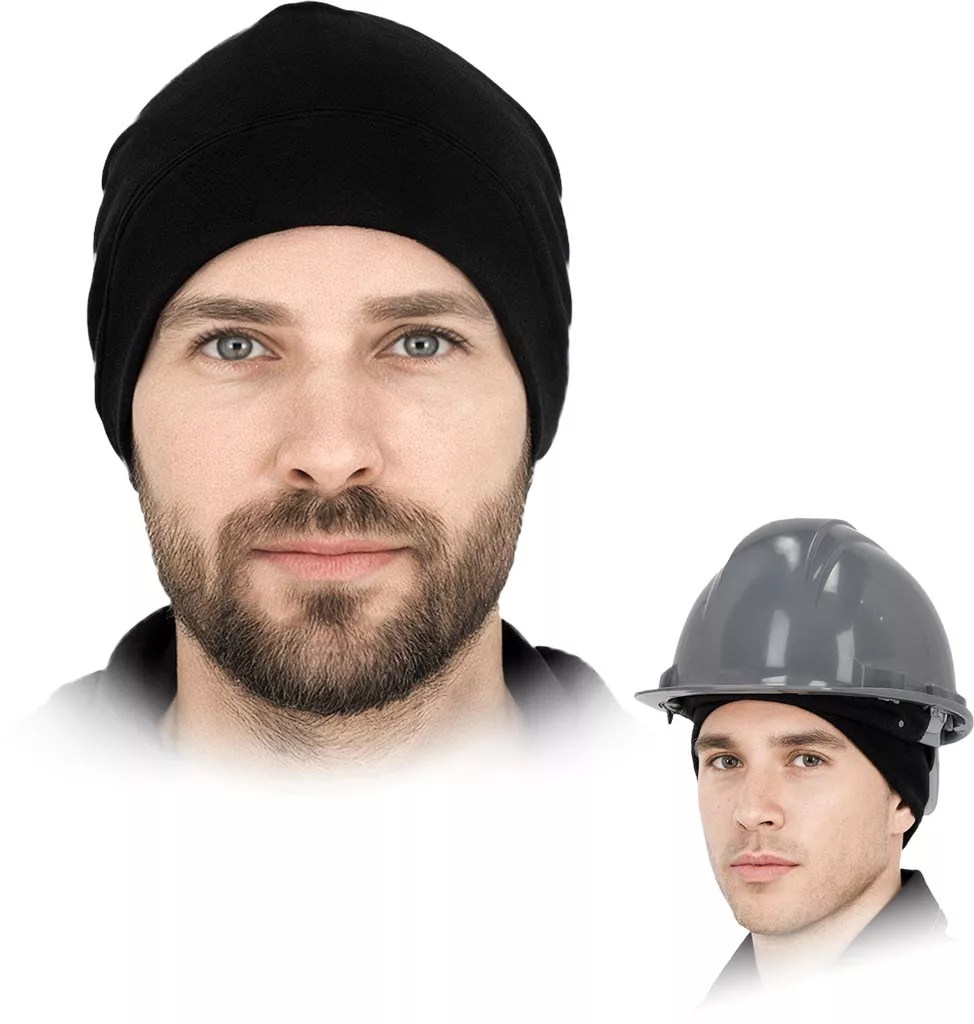 Czarna, zimowa czapka ochronna BOUNCE, zaprojektowana do noszenia pod kaskiem, zapewnia komfort i ciepło w niskich temperaturach. Wykonana z elastycznego materiału, dopasowuje się do głowy.