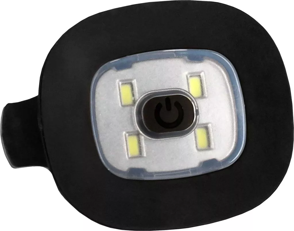 Wymienna lampka LED do czapki, ergonomiczny kształt, 4 diody LED, centralny przycisk włączania. Czarna obudowa.