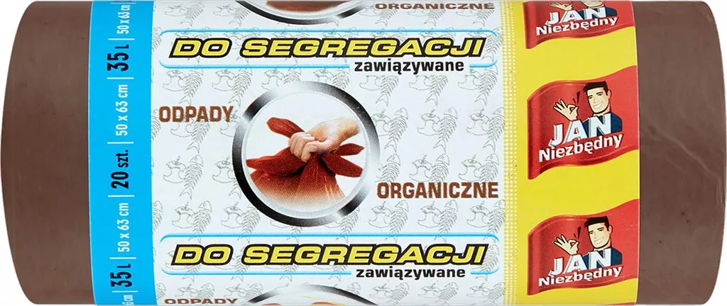 Rolka brązowych worków na śmieci do segregacji odpadów organicznych, opakowanie zawiera 10 sztuk, pojedynczy worek ma pojemność 35 litrów. Na opakowaniu napis 