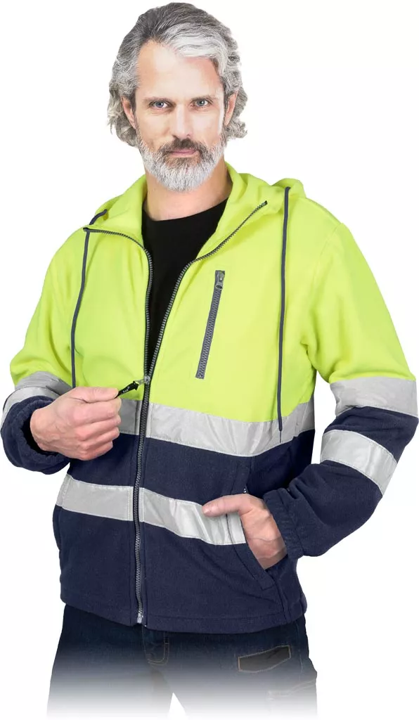 Bluza odblaskowa POLSTRIP-HD męska, żółta z granatowymi elementami, polarowa z kapturem, zapinana na suwak, z odblaskowymi pasami na rękawach i tułowiu oraz kieszenią na piersi.