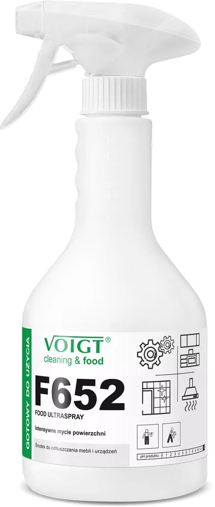 Środek do czyszczenia F652 FOOD ULTRASPRAY, do użytku w branży spożywczej. Pojemność 500 ml, opakowanie z atomizerem. Przeznaczony do skutecznego usuwania zabrudzeń.