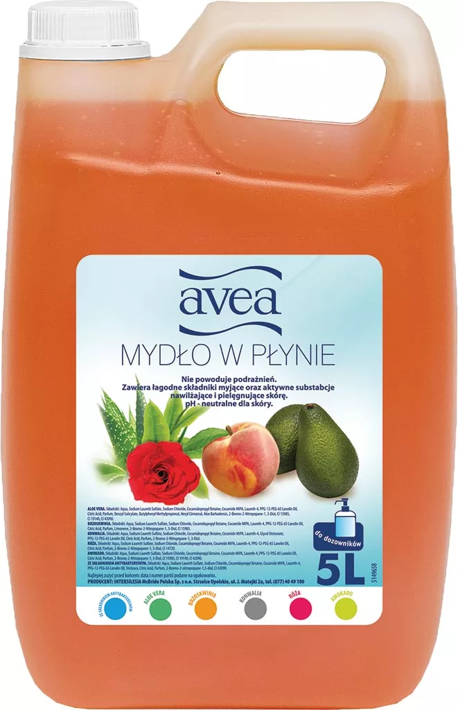 Mydło w płynie Avea o zapachu brzoskwini, pojemność 5 litrów. Opakowanie z uchwytem, kolor pomarańczowy. Produkt do mycia rąk, delikatny i nawilżający.