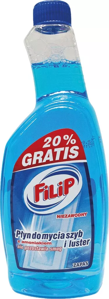 Niebieski płyn do mycia szyb Filip w przezroczystej butelce. Na etykiecie widoczne jest oznaczenie 