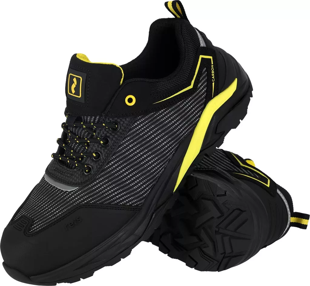 Męskie buty robocze CARBON S3S z kompozytowym podnoskiem i wkładką, czarno-żółte, z solidną, antypoślizgową podeszwą. Model bezpieczny, lekki i trwały.