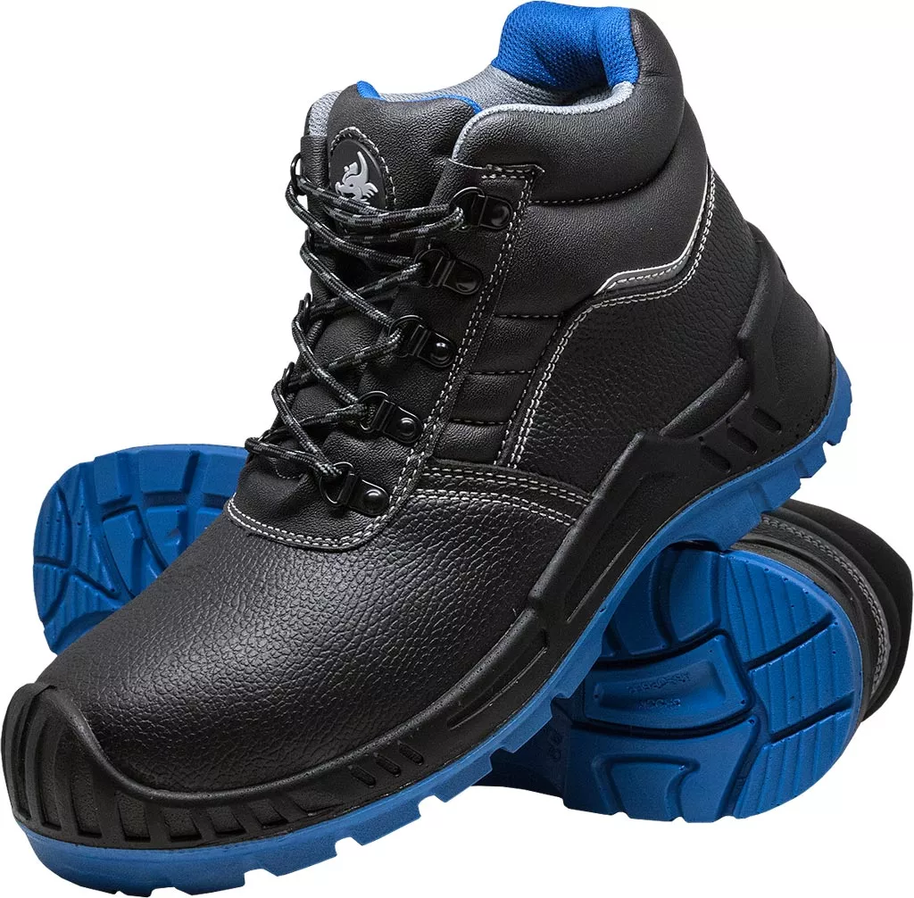 Buty robocze trzewiki męskie TITANBLUE z kompozytowym podnoskiem i wkładką, ochrona S3, czarne z niebieskimi detalami, trwała podeszwa antypoślizgowa, przewiewne, przeznaczone do pracy.
