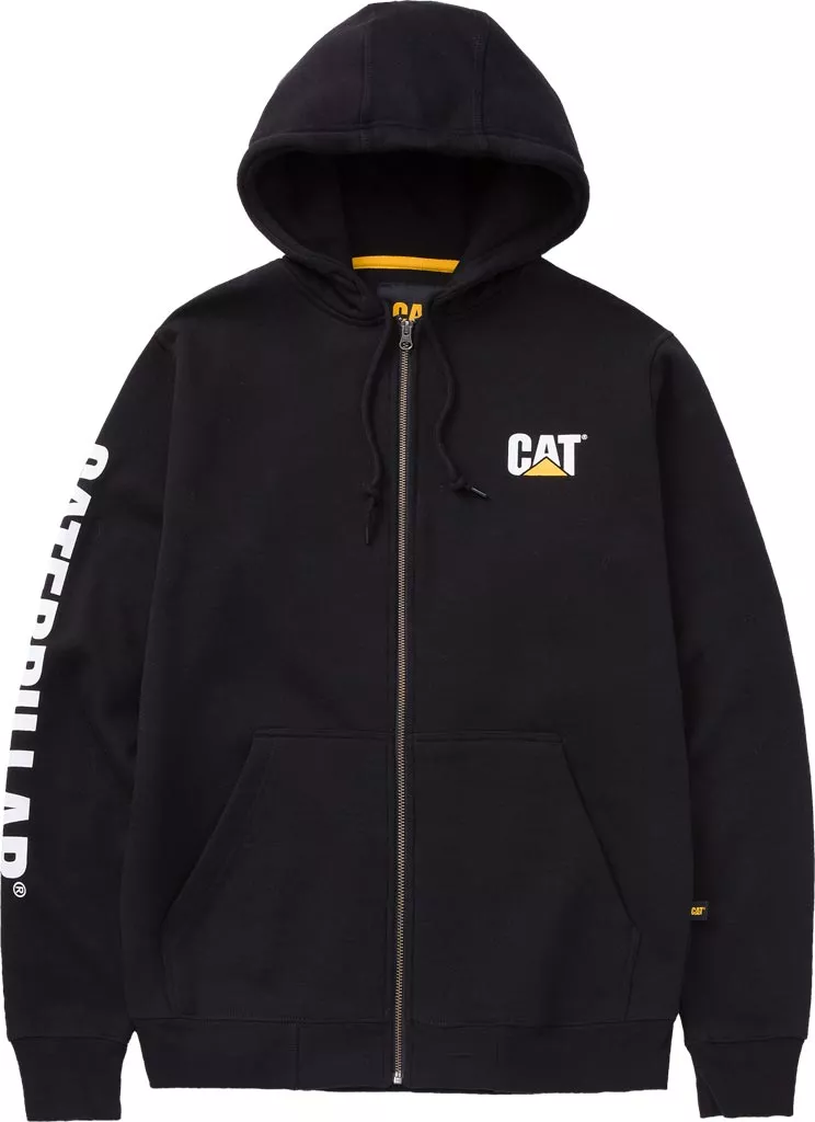 Czarna, męska bluza z kapturem i suwakiem, kieszenią typu kangurka. Na piersi logo CAT, na rękawie napis CATERPILLAR. Gruby materiał, ściągacze przy mankietach i u dołu.