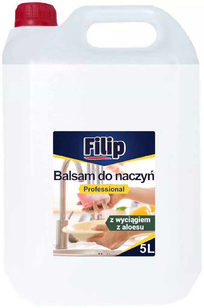 Balsam do mycia naczyń Filip, 5 litrów, z wyciągiem z aloesu. Przeznaczony do skutecznego mycia naczyń, zapewnia ochronę dłoni. Produkt profesjonalny.