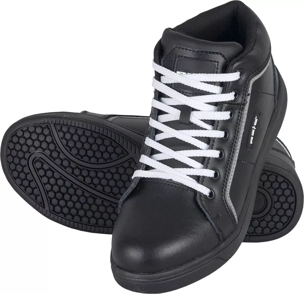 Buty robocze skórzane z podnoskiem SB JOHN, czarne, z białymi sznurówkami, antypoślizgowa podeszwa, miękka wyściółka wokół kostki.