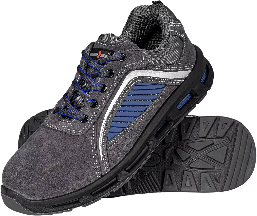 Męskie buty robocze ATOMIC S1 z podnoskiem stalowym, wykonane ze skóry w kolorze niebieskim i szarym. Podeszwa antypoślizgowa z wzorem bieżnika, sznurowane, wyściółka tekstylna.