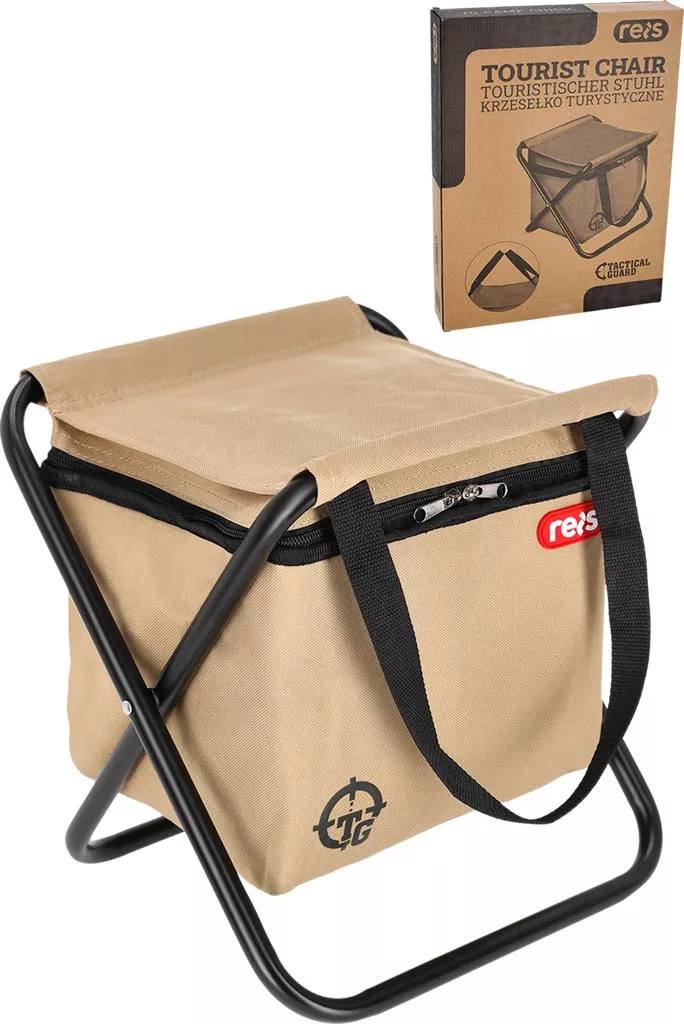 Rozkładane krzesło turystyczne Tactical Guard CAMP CH165C o nośności 150 kg, z lekką metalową konstrukcją i torbą z materiału w kolorze beżowym, wyposażone w wygodny uchwyt do przenoszenia.