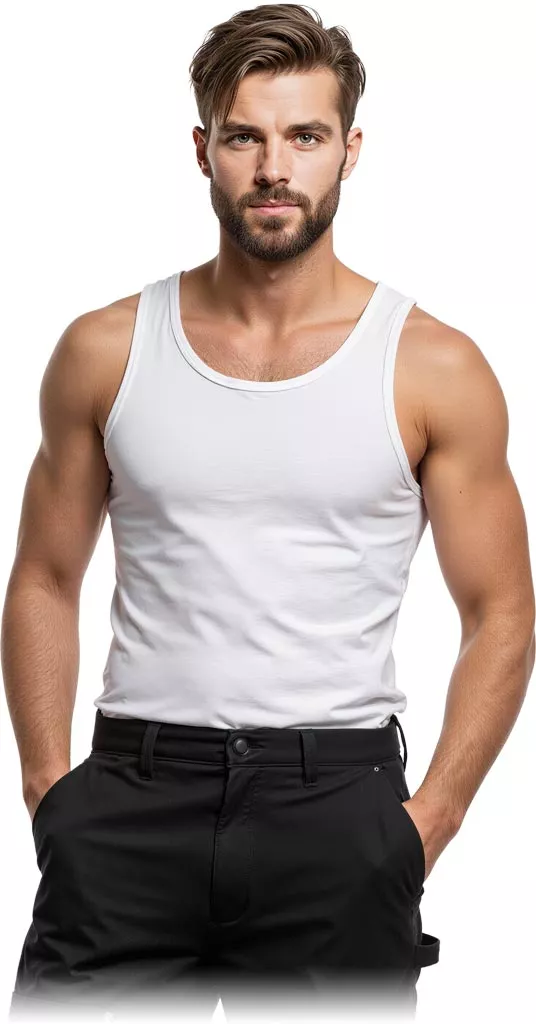 Biały, męski podkoszulek typu tanktop bez rękawów, wykonany z gładkiego materiału, dopasowany do sylwetki. Idealny na lato lub do noszenia pod ubranie.