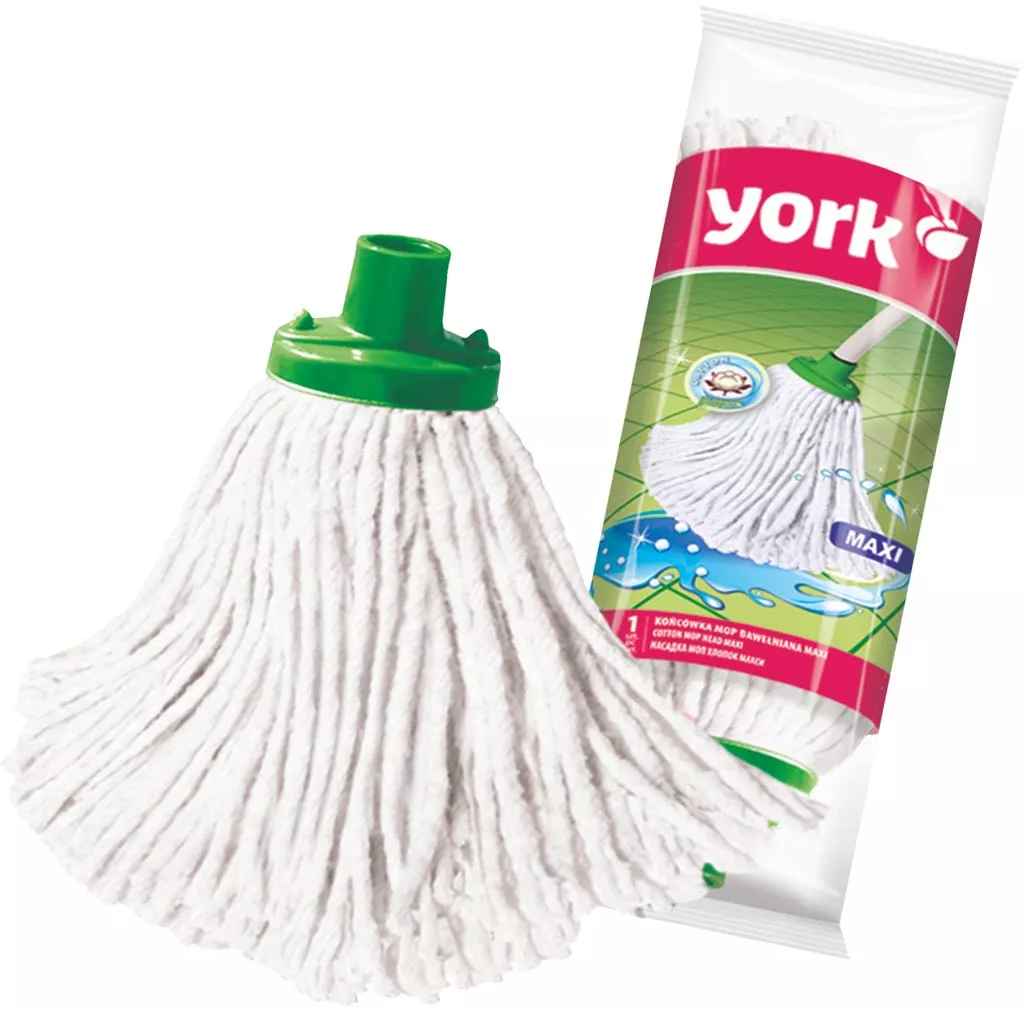Bawełniana końcówka do mopa marki York, model Maxi 140g. Opakowanie z grafiką przedstawiającą produkt i napisami. Końcówka w kolorze białym z zielonym uchwytem.