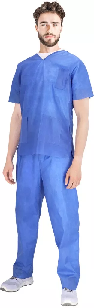 Komplet higieniczny VISIT-SET, składający się z niebieskiej bluzy i spodni, wykonany z lekkiego materiału, przeznaczony do jednorazowego użytku.