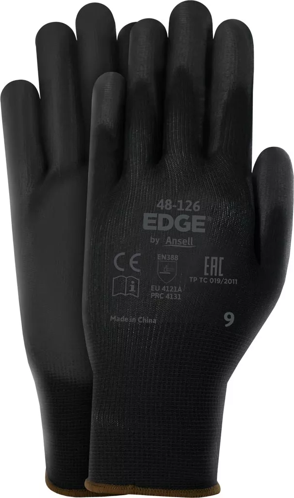 Rękawice ochronne EDGE 48-126 są czarne, wykonane z materiału przypominającego neopren lub gumę. Posiadają oznaczenia CE i rozmiar 9.