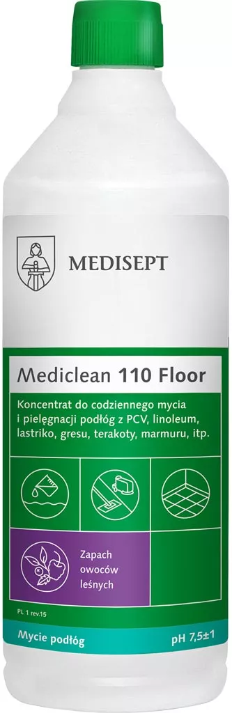 Mediclean 110 Floor to koncentrat do codziennego mycia i pielęgnacji podłóg, przeznaczony do różnych powierzchni, o świeżym, cytrusowym zapachu. Opakowanie ma pojemność 1 litra.