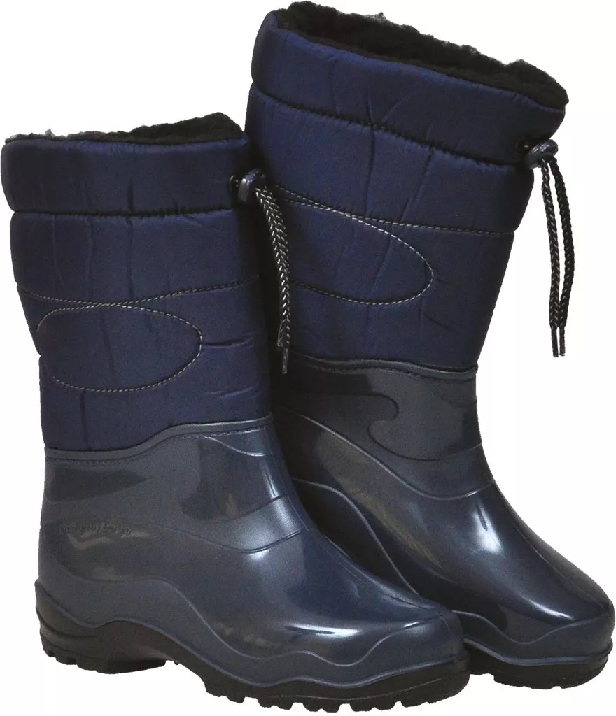 Buty ocieplane damskie z niebieską, wodoodporną gumową dolną częścią i ciemnoniebieską, tekstylną górną częścią. Posiadają zamek błyskawiczny i sznurek do regulacji na górze.