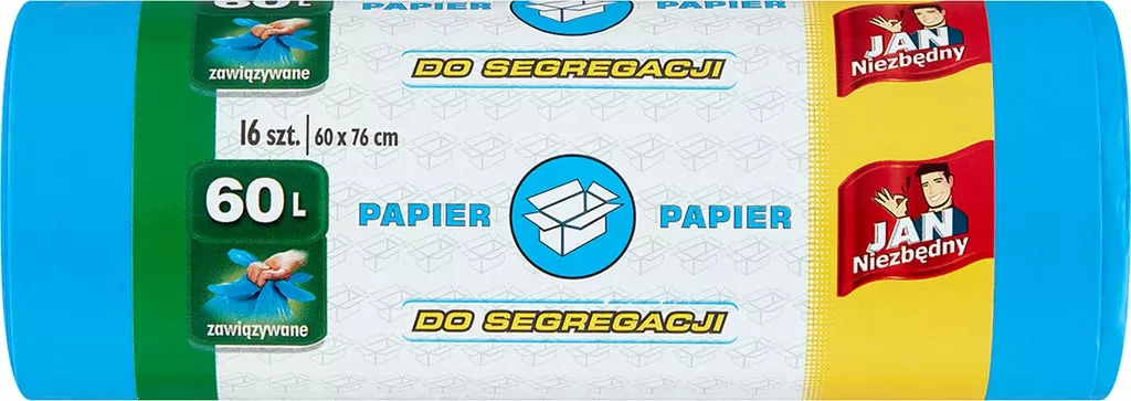 Opakowanie niebieskich worków na śmieci do segregacji papieru, pojemność 60 litrów. Na etykiecie znajduje się informacja 