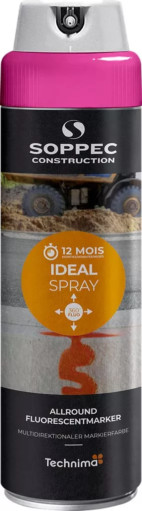 Puszka fluorescencyjnej farby do znakowania marki Soppec. Produkt wielokierunkowy z możliwością stosowania pod kątem 360 stopni. Farba o oznaczeniu 