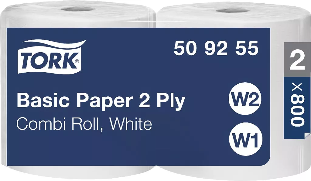 Czyściwo papierowe Tork Basic Paper 2-warstwowe, białe, 2 rolki po 800 listków każda, do trudnych zabrudzeń.