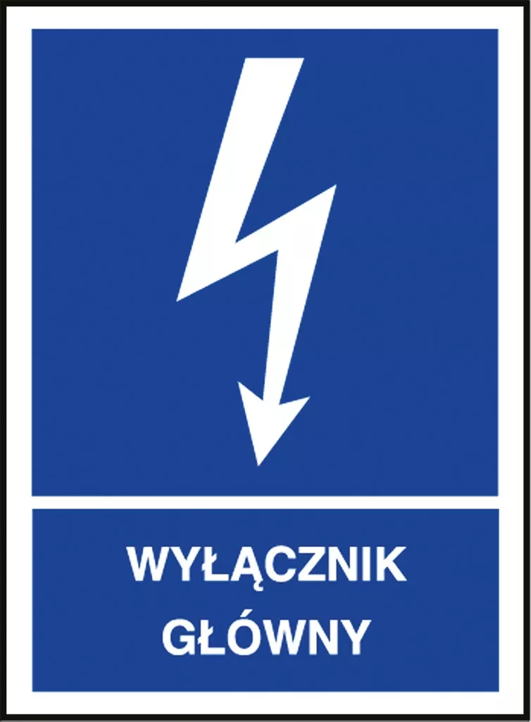 Znak bezpieczeństwa przedstawia białą ikonę błyskawicy na niebieskim tle, z białym napisem 