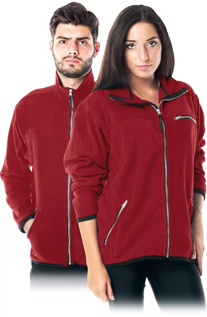 Polar roboczy ochronny HONEY w kolorze ciemnoczerwonym, zapinany na zamek błyskawiczny, z kieszeniami zamykanymi na zamek. Model unisex, wykonany z materiału zapewniającego komfort i ochronę.