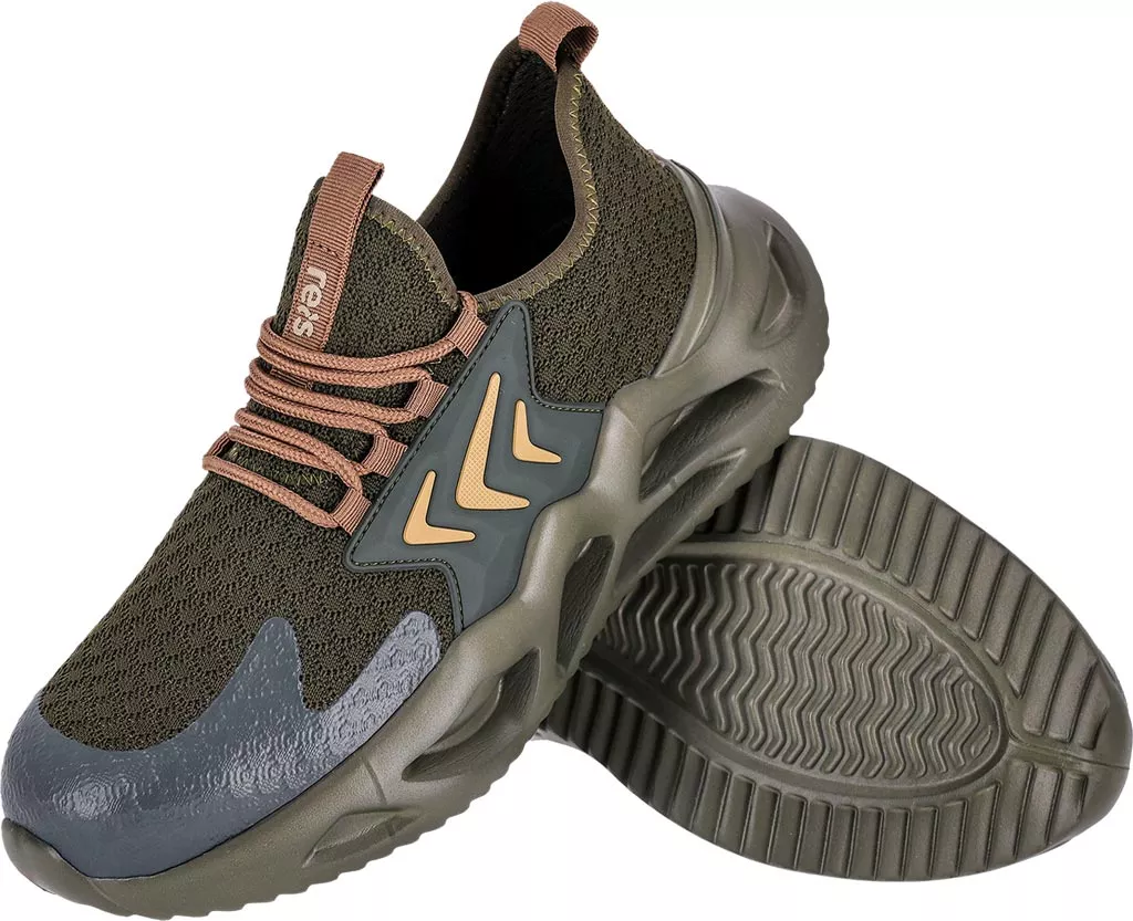 Męskie buty robocze CLUMP z lekkim podnoskiem, model SB. Cholewka z elastycznego materiału, szara podeszwa z wycięciami dla lekkości i amortyzacji. System sznurowania, elementy ochronne na nosku.
