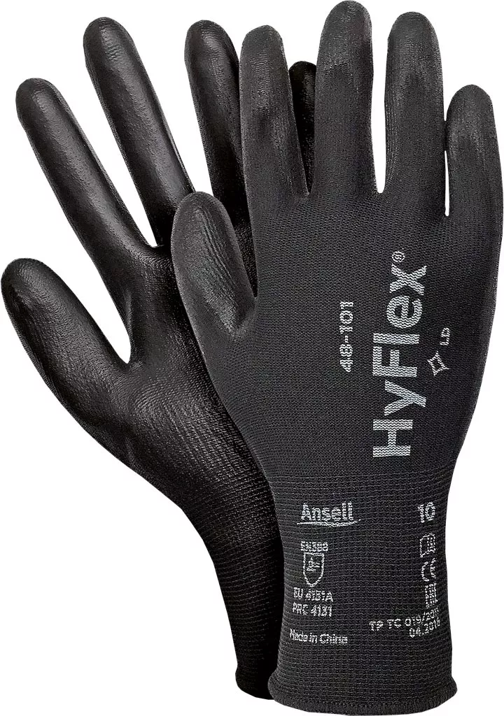 Rękawice ochronne Hyflex® 48-101, czarne, wykonane z materiału przypominającego tkaninę. Na nadgarstku widoczne oznaczenia modelu oraz rozmiaru (8/M).