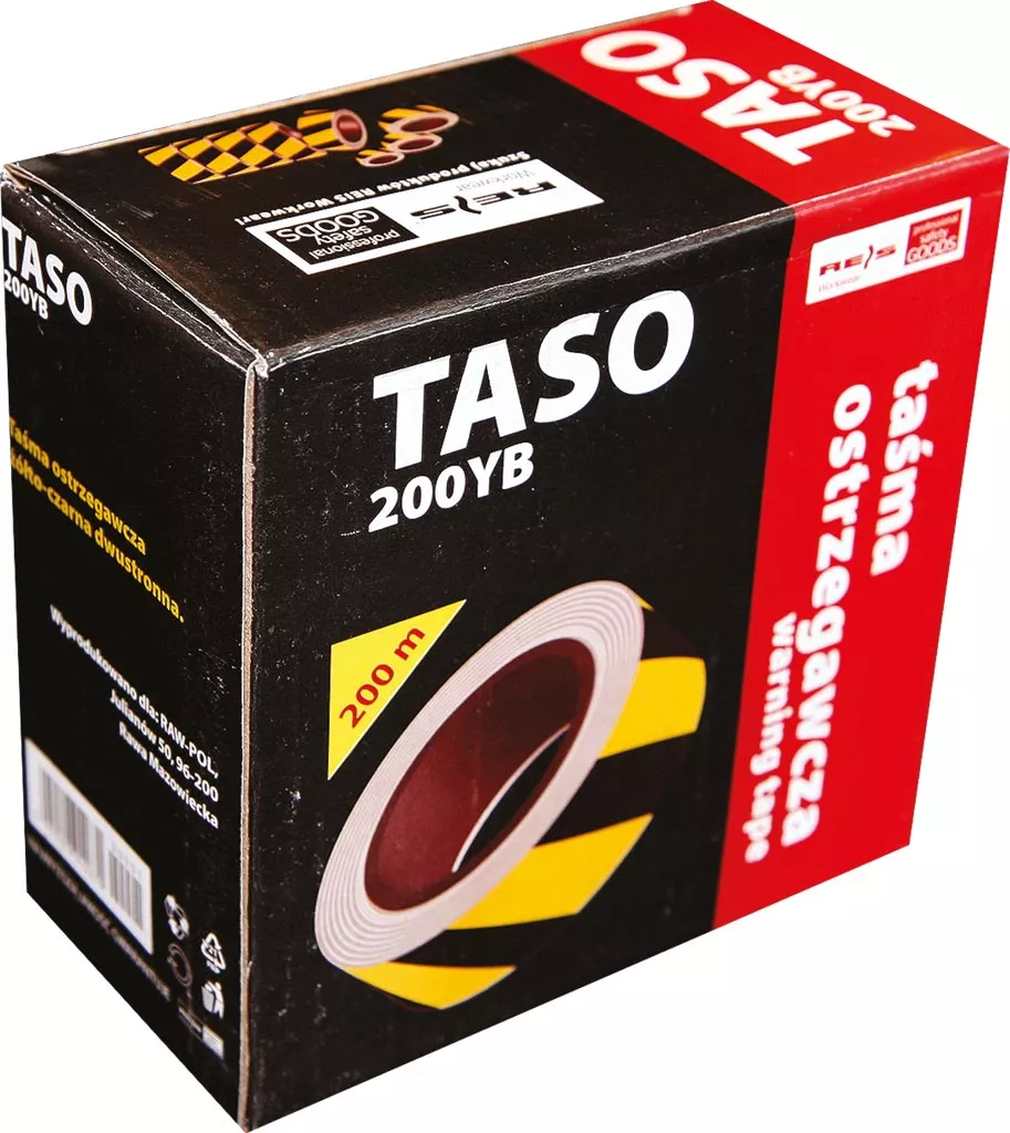 Taśma ostrzegawcza dwustronna czarno-żółta, długość 200 m, szerokość 50 mm, model TASO 200YB. Produkt służy do oznaczania i zabezpieczania miejsc. Opakowanie w formie pudełka.