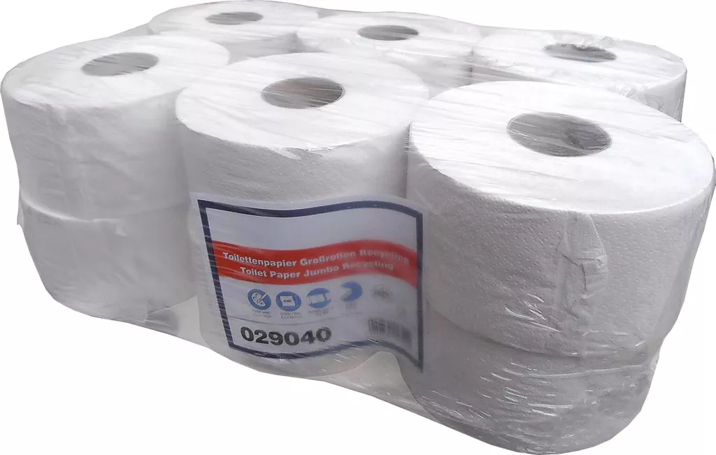 Pakiet sześciu białych rolek papieru toaletowego Jumbo Neutral zapakowanych w przezroczystą folię z niebiesko-czerwoną etykietą zawierającą kod kreskowy i informacje o produkcie.