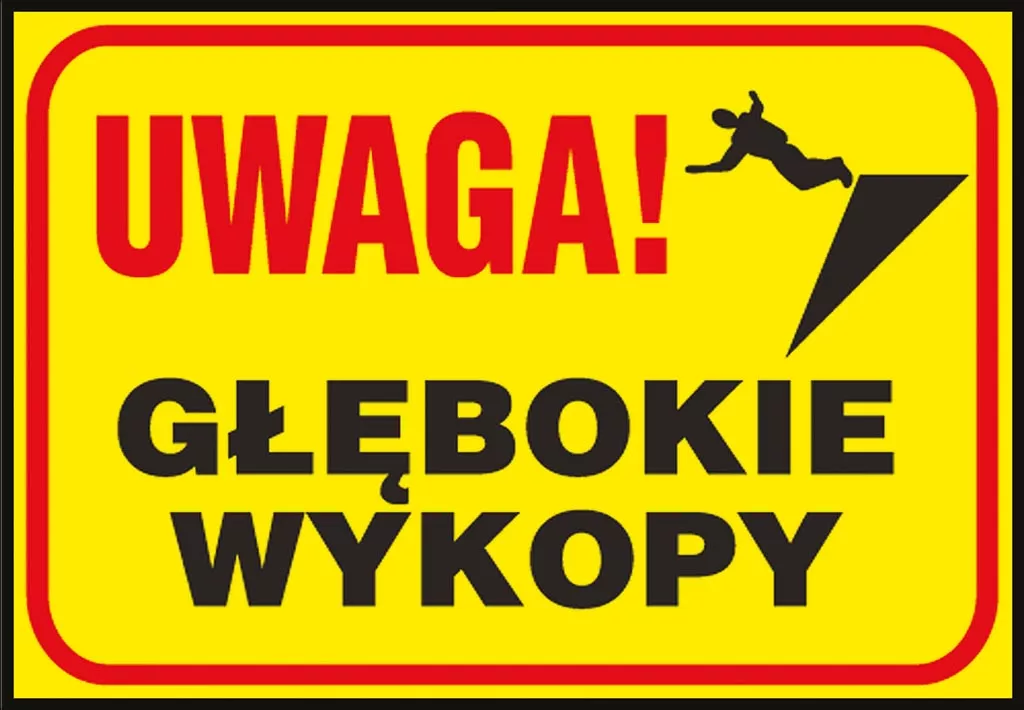 Tablica ostrzegawcza, żółta z czerwoną obwódką, zawiera napis 