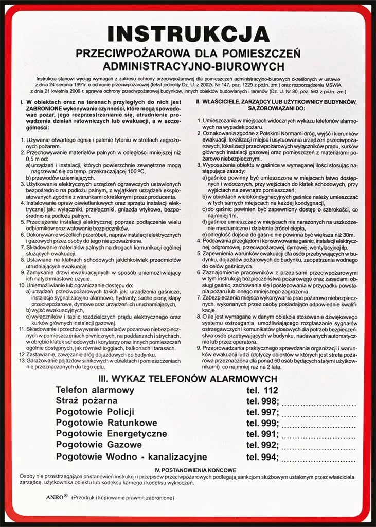 Instrukcja przeciwpożarowa dla pomieszczeń administracyjno-biurowych zawiera wytyczne dotyczące zapobiegania pożarom i postępowania w przypadku pożaru, numery alarmowe, oraz informacje o wyposażeniu przeciwpożarowym.