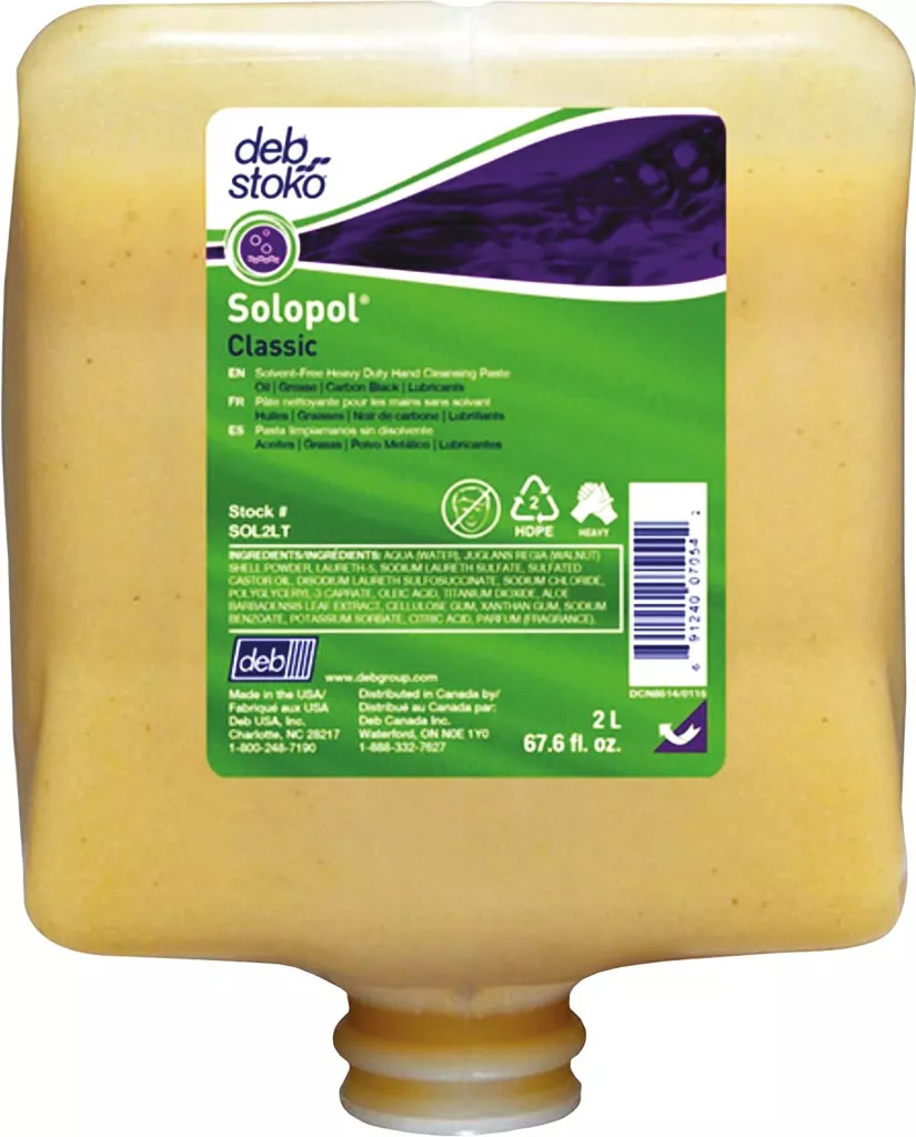 Opakowanie zawiera 2 litry pasty do rąk Solopol Classic, służącej do usuwania silnych zabrudzeń. Jest to produkt bezzapachowy, bez zawartości rozpuszczalników, z dodatkiem składników pielęgnujących skórę.