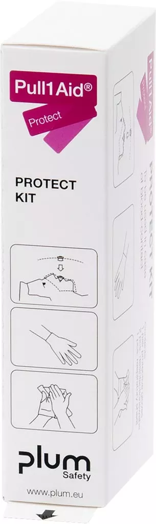 Białe opakowanie zestawu Pull1Aid Protect Kit z ilustracjami demonstrującymi użycie zawartości. Logo 