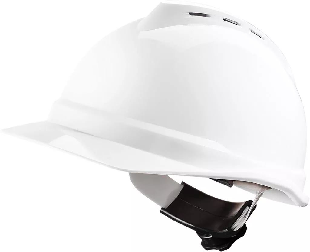 Biały hełm ochronny z daszkiem, regulowany system zapięcia z tyłu. wykonany z tworzywa ABS.