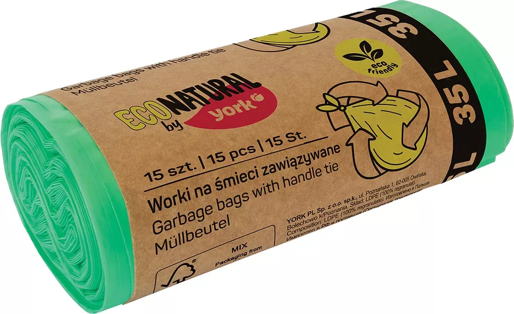 Rolka zielonych worków na śmieci EcoNatural, 15 sztuk o wymiarach 1 x 1,5 metra. Worki są biodegradowalne.