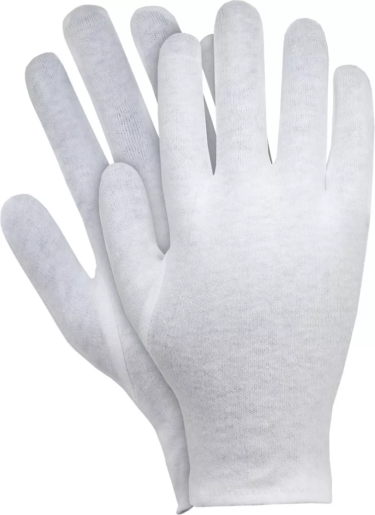 Rękawice robocze z bawełnianym wkładem, model RWK. Kolor biały, dopasowane do ręki, zapewniają ochronę podczas prac.