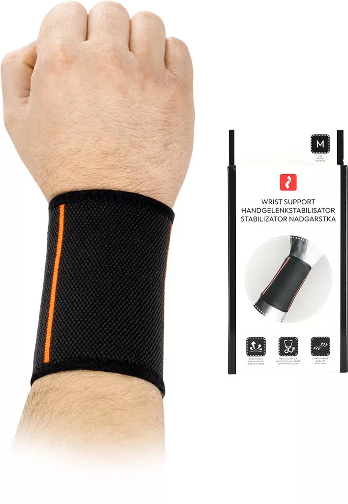 Elastyczna opaska na nadgarstek WRIST, zapewnia stabilizację i wsparcie. Wykonana z oddychającego, elastycznego materiału, dostępna w rozmiarze M. Produkt wspomaga ochronę nadgarstka podczas aktywności.