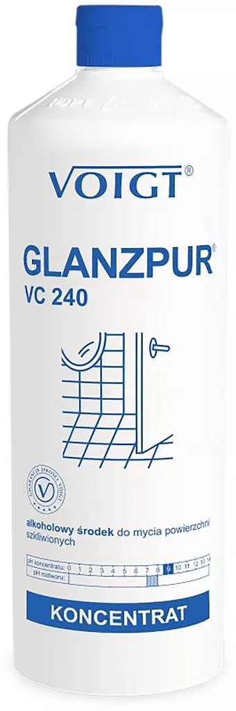GLANZPUR VC240 to alkoholowy koncentrat do mycia powierzchni szkliwionych, takich jak kafelki i płytki. Produkt firmy VOIGT o pojemności 1 litra.