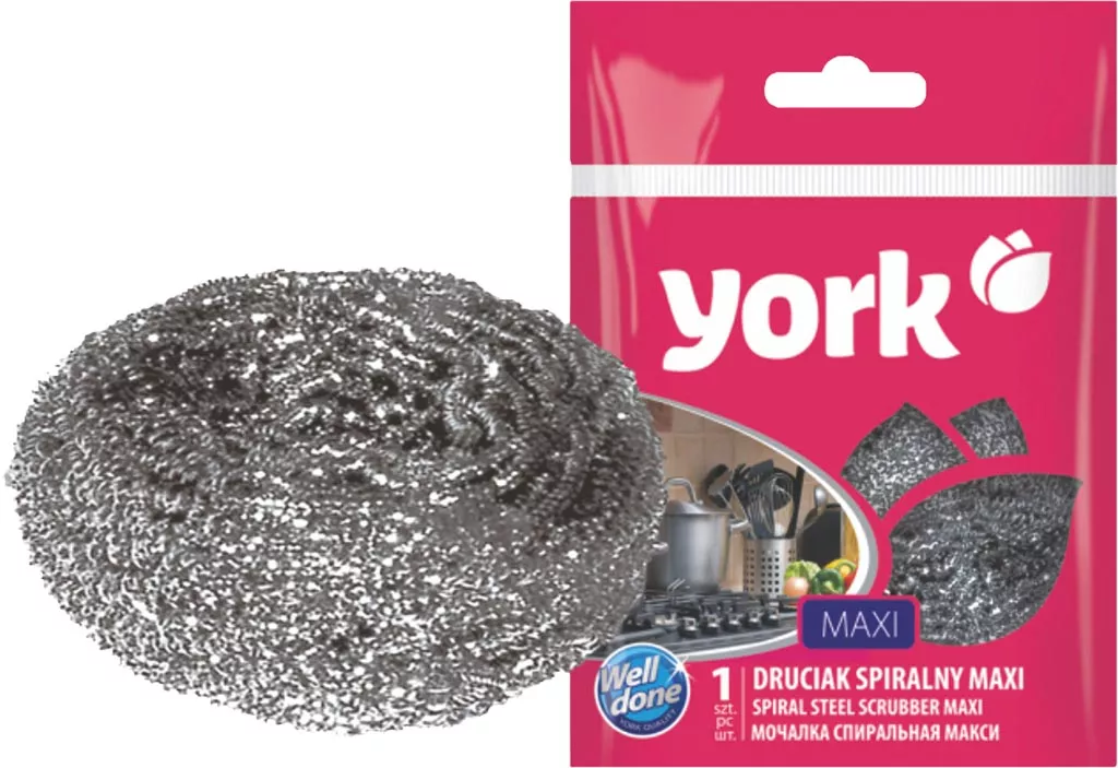 Czyścik spiralny MAXI marki York, przeznaczony do mycia garnków, o rozm. maxi, wykonany z metalu, opakowanie jednostkowe.