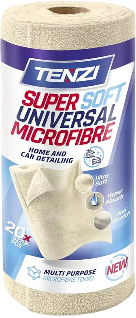 Ściereczka z mikrofibry w rolce Tenzi Super Soft Universal, 20 arkuszy, do użytku domowego i profesjonalnego, uniwersalna, miękka i chłonna.
