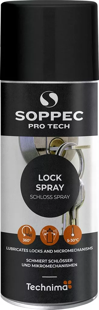 Pojemnik z sprayem do zamków marki SOPPEC Pro Tech. Pojemność 250 ml. Zapewnia ochronę przed zamarzaniem i korozją, przeznaczony do smarowania i konserwacji mechanizmów zamkowych.