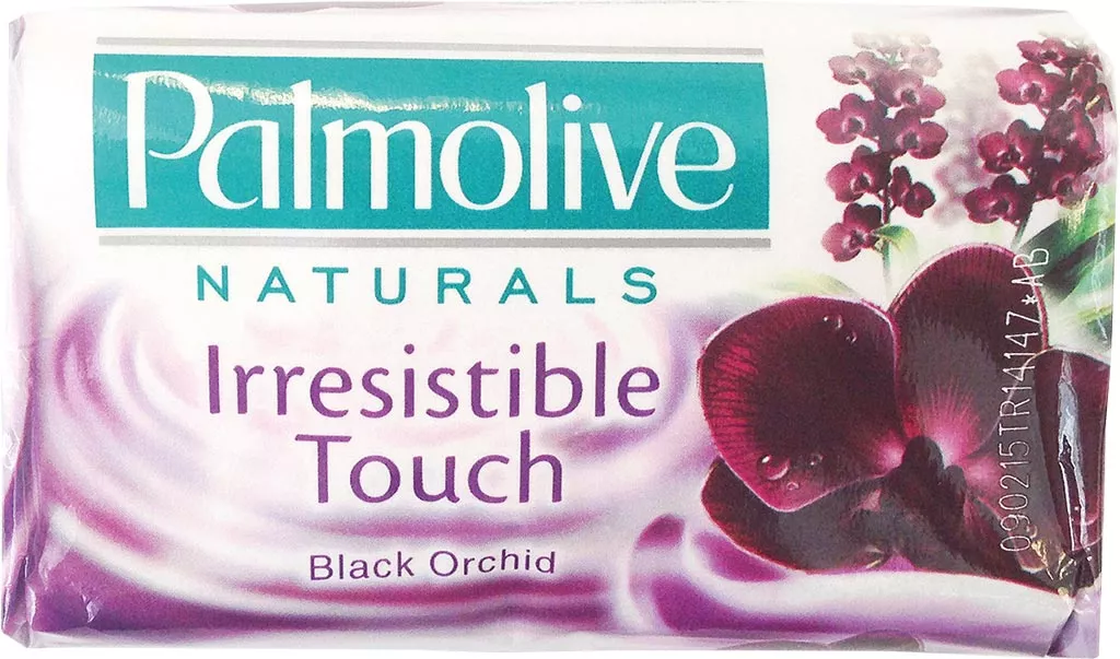 Mydło w kostce Palmolive Naturals o zapachu czarnej orchidei, nazwa produktu: Irresistible Touch. Opakowanie zawiera grafikę kwiatów orchidei.