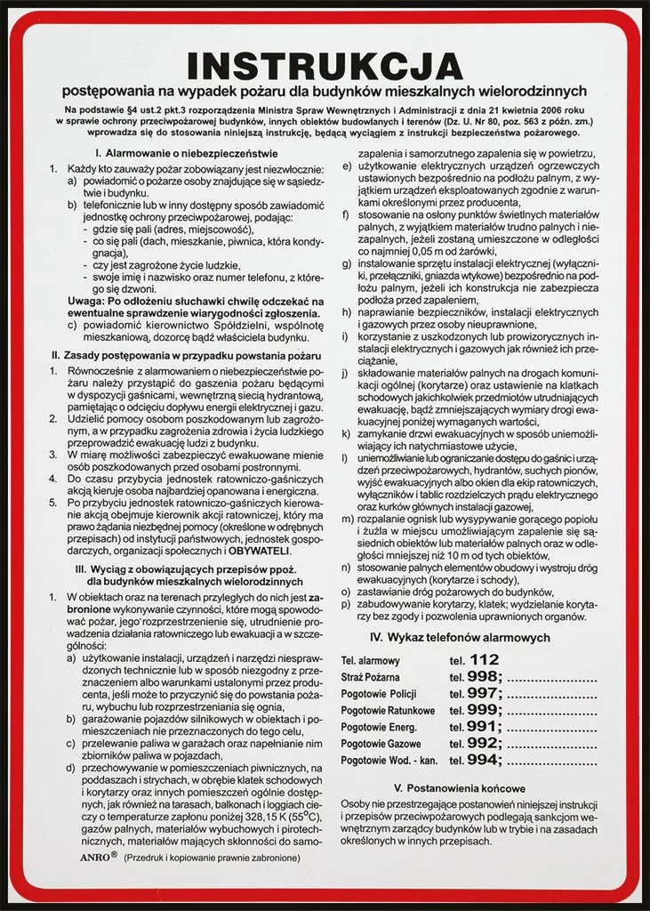 Instrukcja BHP dotycząca postępowania na wypadek pożaru w budynkach mieszkalnych wielorodzinnych. Zawiera listę środków zapobiegawczych, akcji ratunkowych i sposobów ewakuacji.
