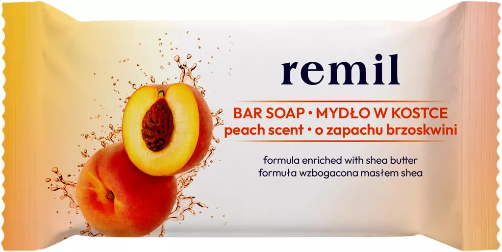 Mydło w kostce REMIL o zapachu brzoskwini, wzbogacone masłem shea. Produkt do pielęgnacji skóry, zapewnia delikatne oczyszczenie z owocowym aromatem.