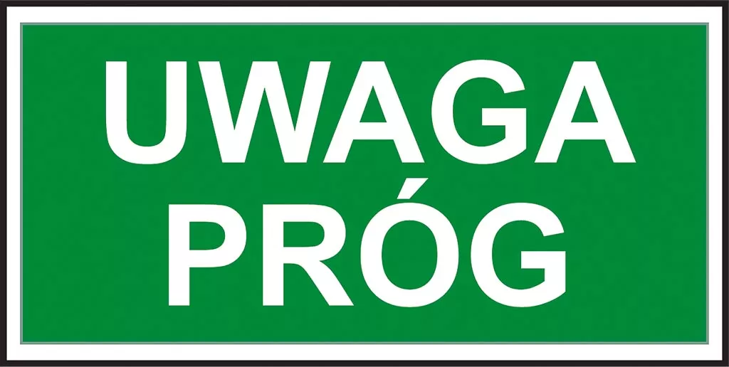 Znak ewakuacyjny o prostokątnym kształcie z zielonym tłem i białymi napisami 