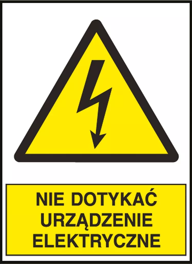 Znak ostrzegawczy w kształcie trójkąta z żółtym tłem i czarną obwódką, zawierający ikonę błyskawicy. Pod spodem znajduje się żółty prostokąt z napisem 